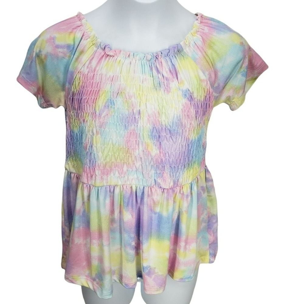 Bobbie Brooks Girls Pastel Tie Dye Smocked Peplum Top Large 10/12 NWT